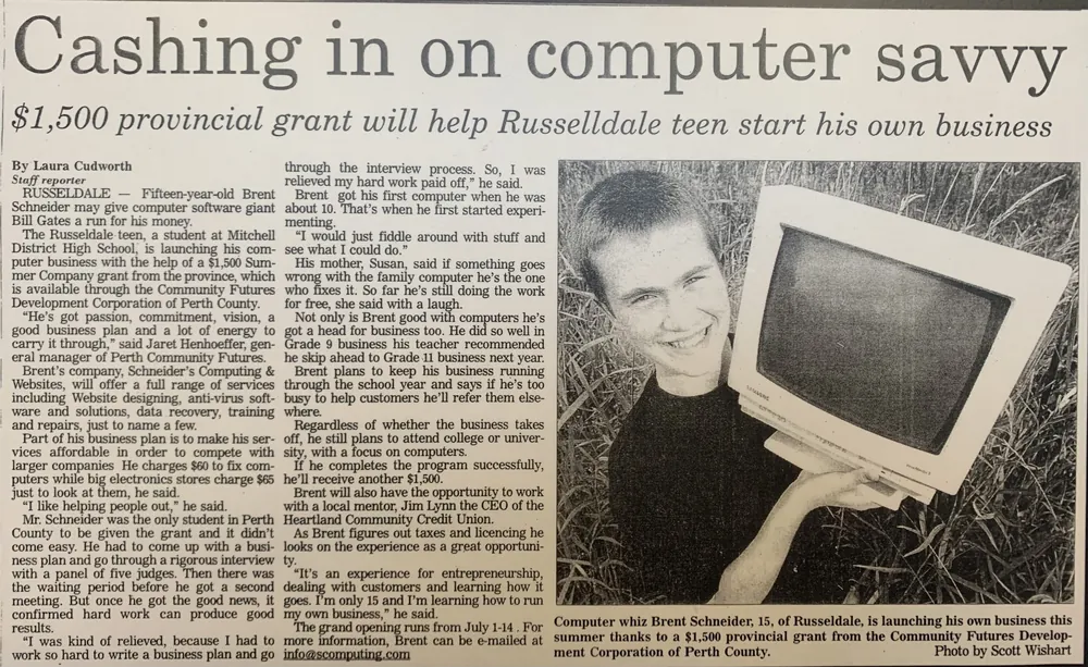 Newspaper clipping: “Cashing in on computer savvy” — fifteen-year-old Brent Schneider launching Schneider’s Computing with a Summer Company grant