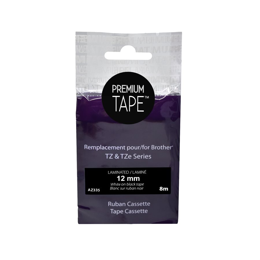 BROTHER - AZ335 - White on Black Tape - 12mm