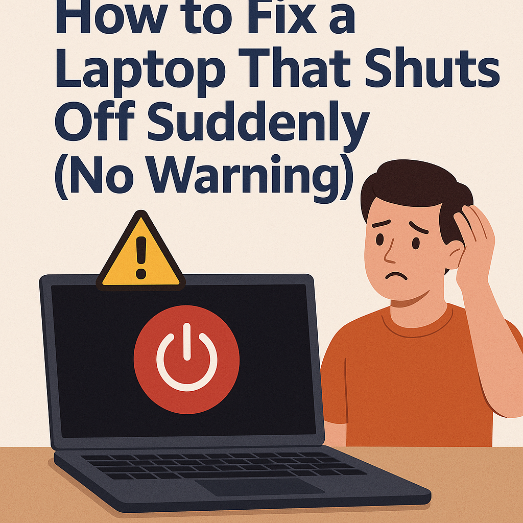 Illustration of a laptop shutting off suddenly with a warning icon on screen, and a frustrated user holding their head in confusion.