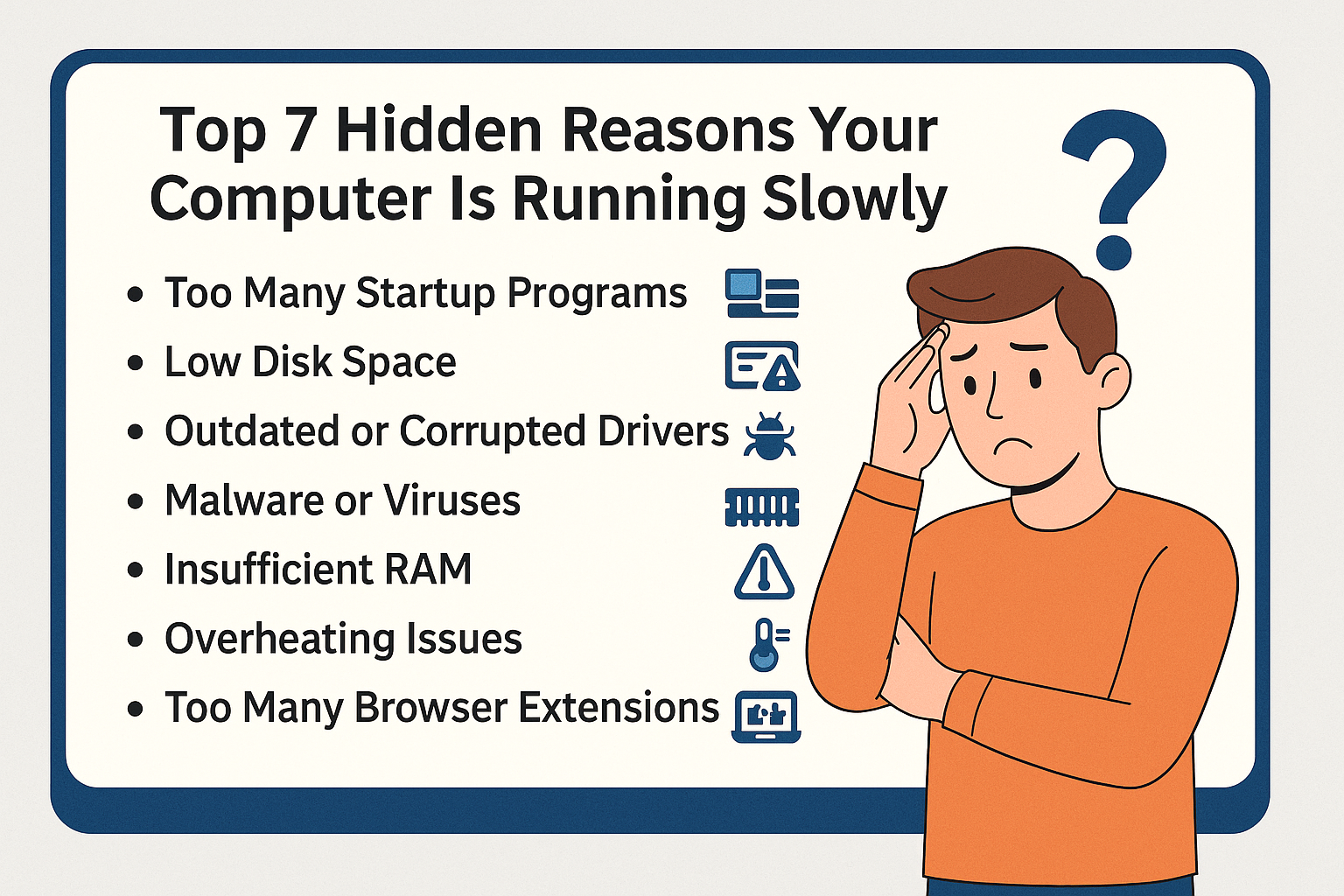 Illustration of a frustrated computer user beside a list titled "Top 7 Hidden Reasons Your Computer Is Running Slowly," showing causes like startup programs, low disk space, outdated drivers, malware, insufficient RAM, overheating, and browser extensions.
