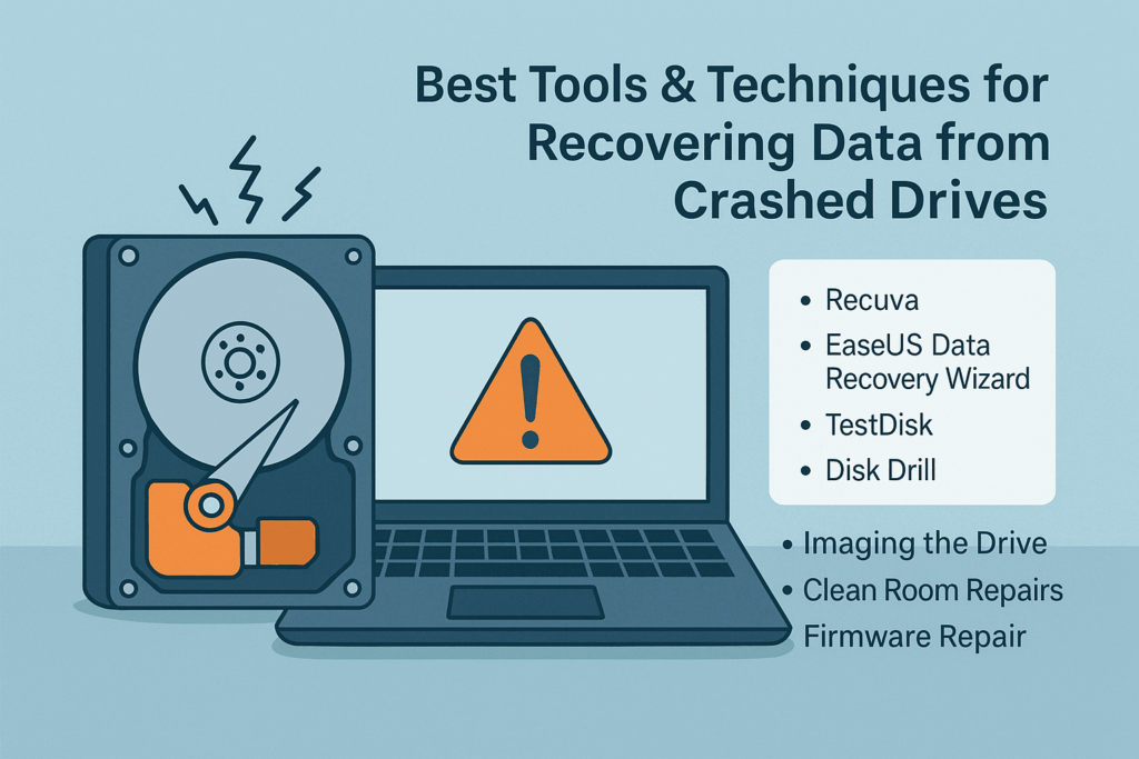Illustration of a crashed hard drive and laptop with a warning sign, alongside a list of recovery tools and techniques for data recovery.