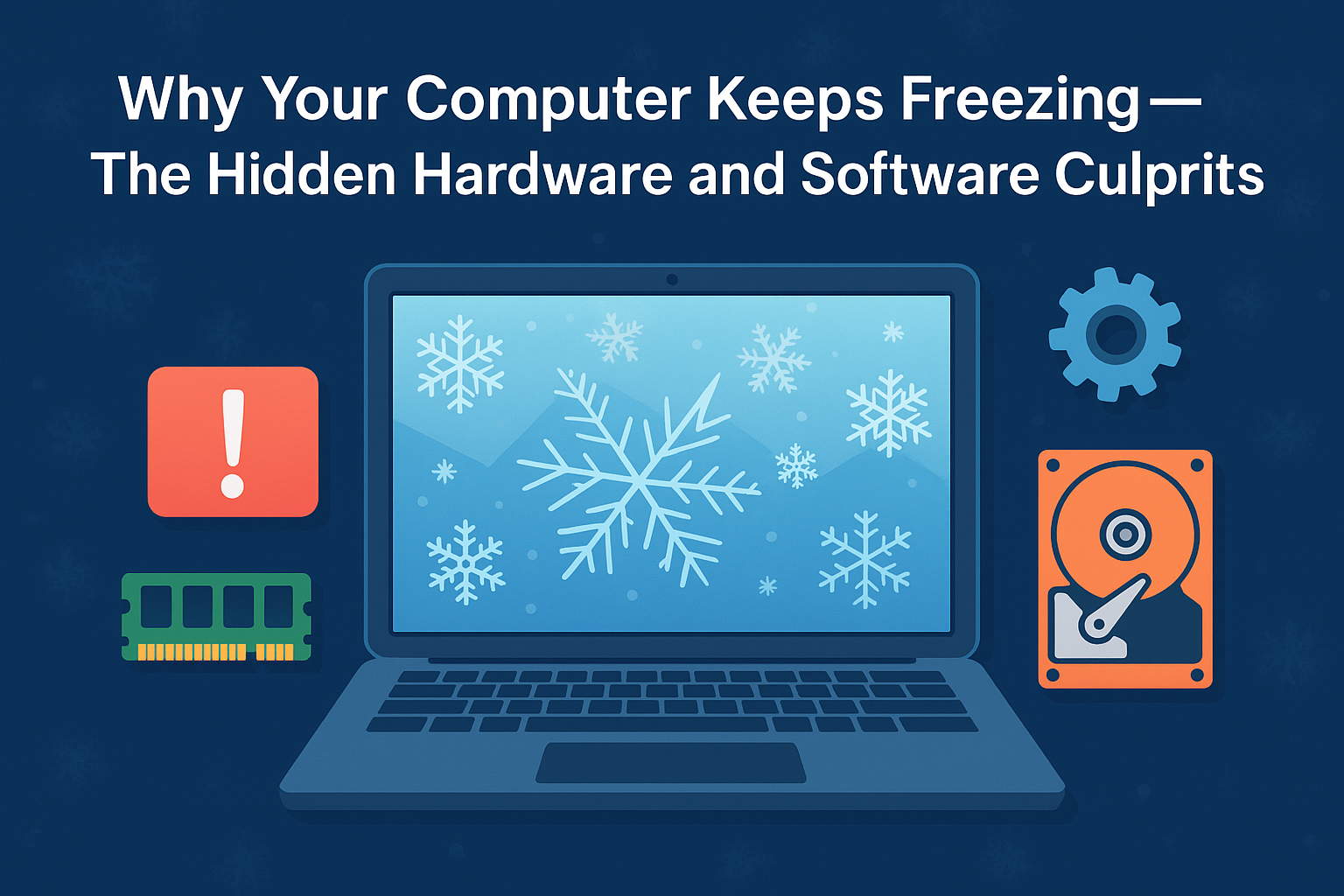 Digital illustration showing a frozen laptop screen surrounded by icons of hardware components—RAM, hard drive, warning sign, and gear—representing hardware and software issues causing computer freezing.