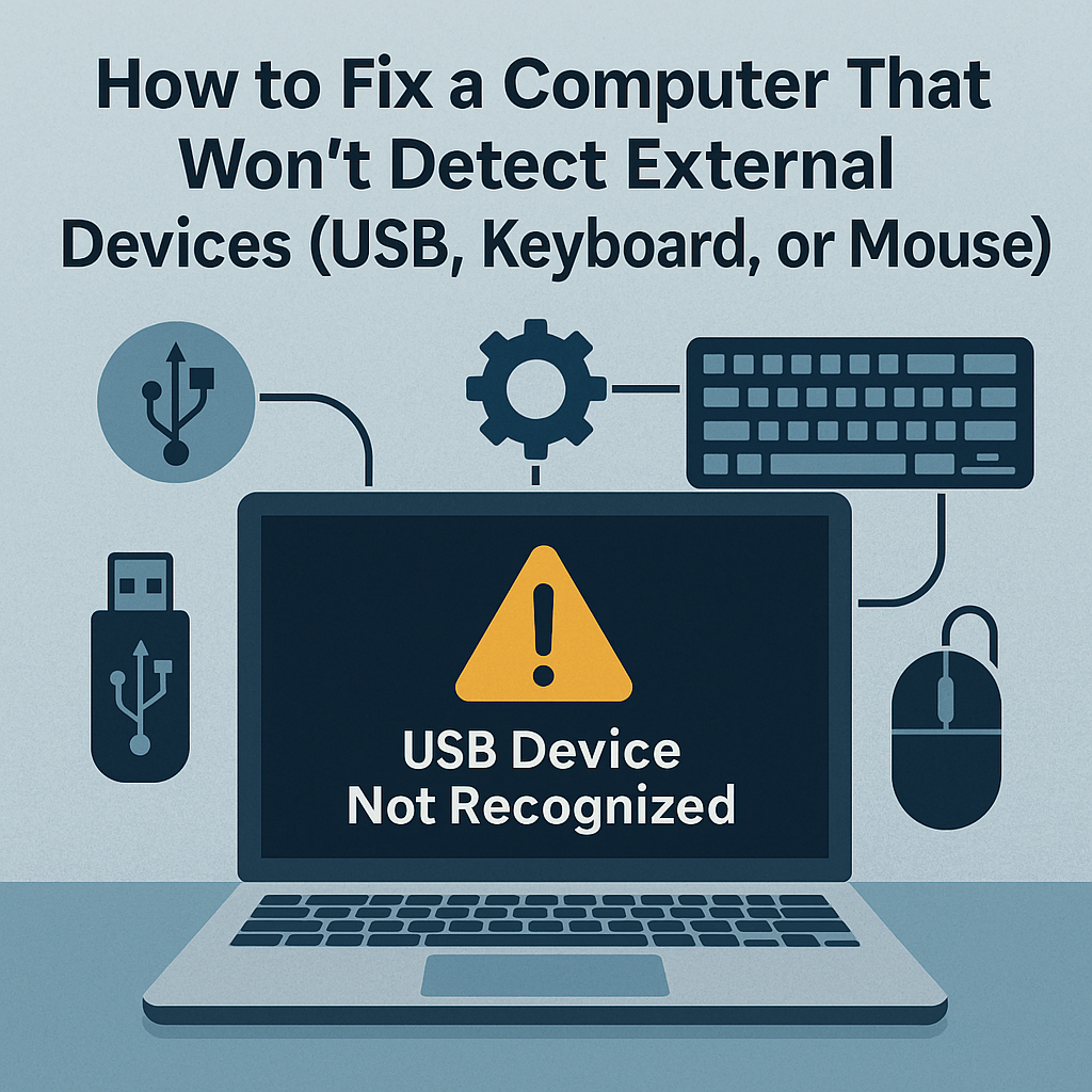 Digital illustration showing a laptop with a warning symbol and the message “USB Device Not Recognized,” surrounded by icons for a USB drive, keyboard, mouse, and gear, symbolizing troubleshooting connection issues with external devices.