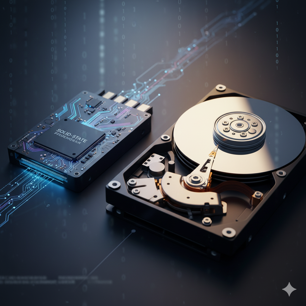 A futuristic, glowing solid-state drive (SSD) contrasting with a traditional hard disk drive (HDD) showing spinning platters, symbolizing the technological shift in computer storage.